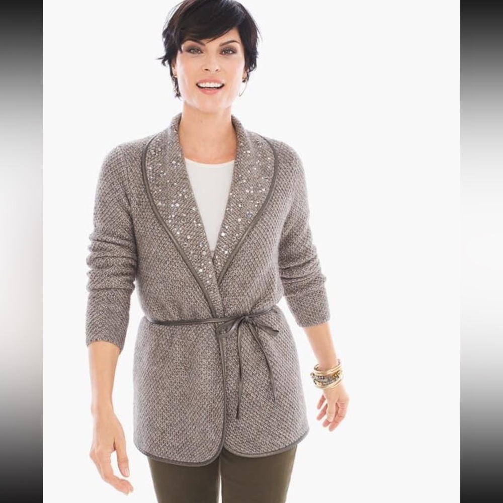Chicos Embellished Tully Open Front Cardigan Wool Blend Size 2